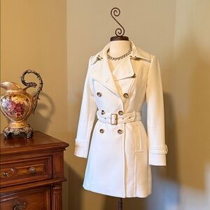 White House Black Market Cream Double-Breasted Trench Coat with Belt